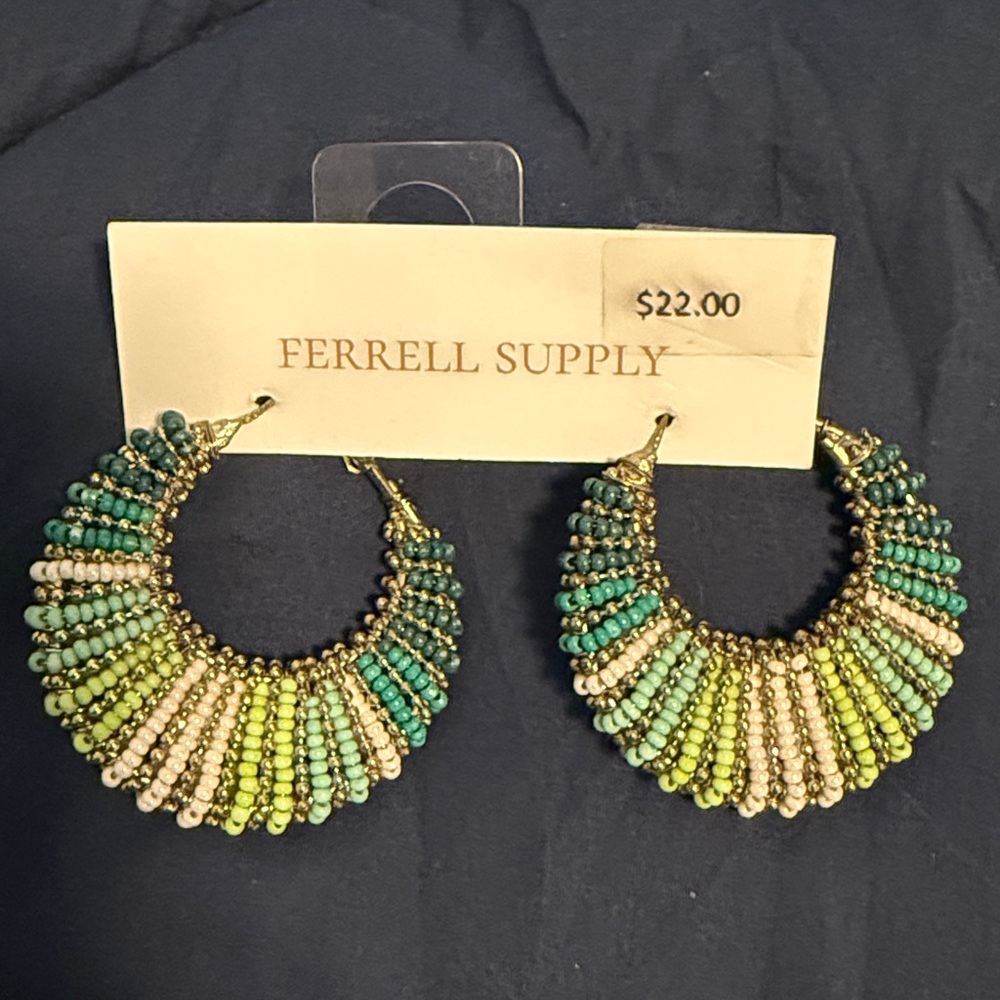 Green and Gold Beaded Hoop Earrings